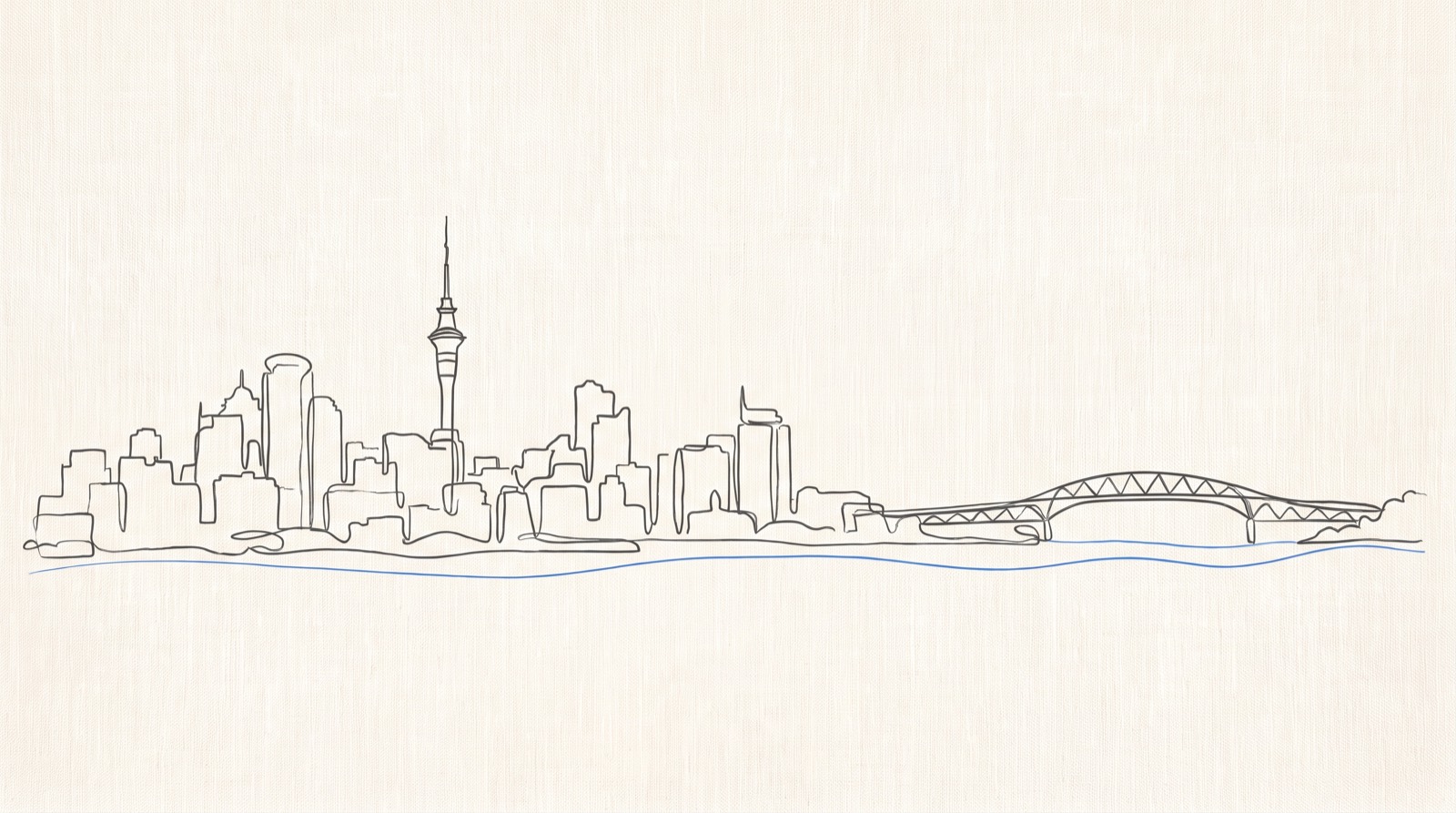 Auckland skyline drawn as a single line, Sky Tower and Harbour Bridge
