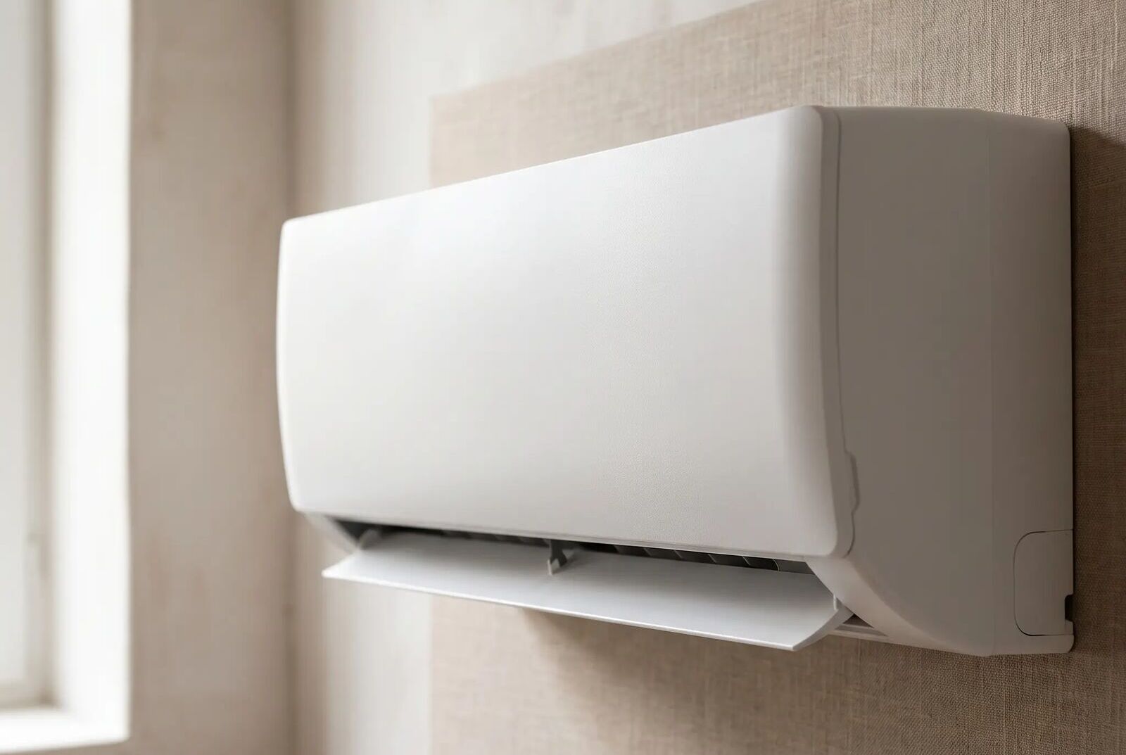 Product still: a wall-mounted heat pump indoor unit beside a linen curtain